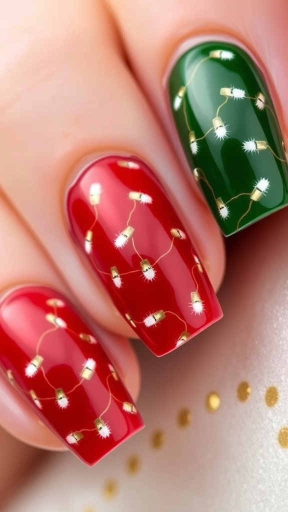 Elegant Christmas nail art with light patterns in red and green.